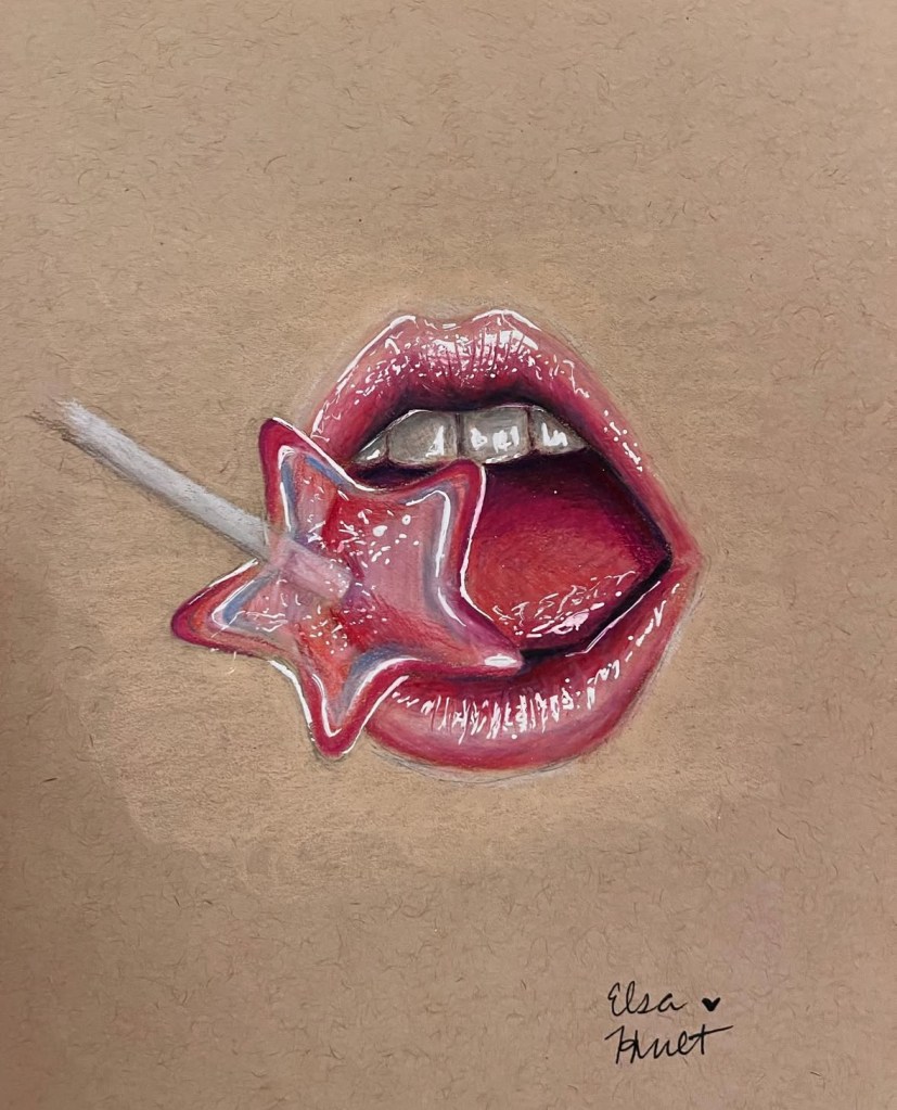 Hot pink glitter lips with star sucker by Elsa Huet Pop Art, drawing, pencil drawing