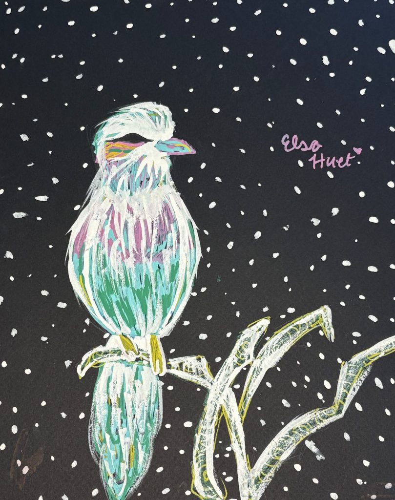 bird on black page, white with colors, elsa huet