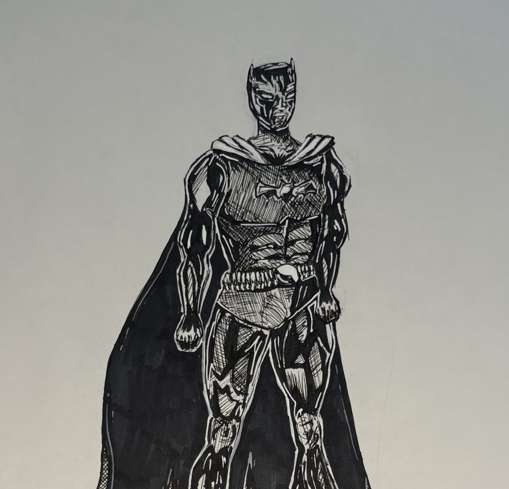 Pen drawing, superhero with cape, Elsa Huet