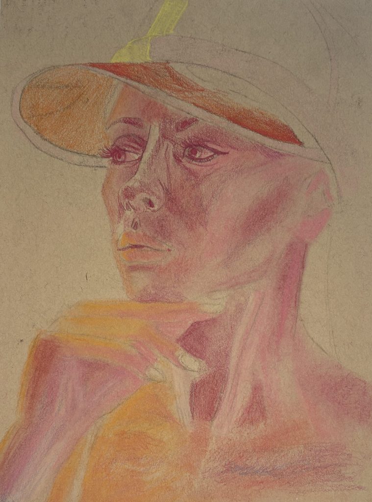 color pencil sketch, pink and orange, woman in tennis visor