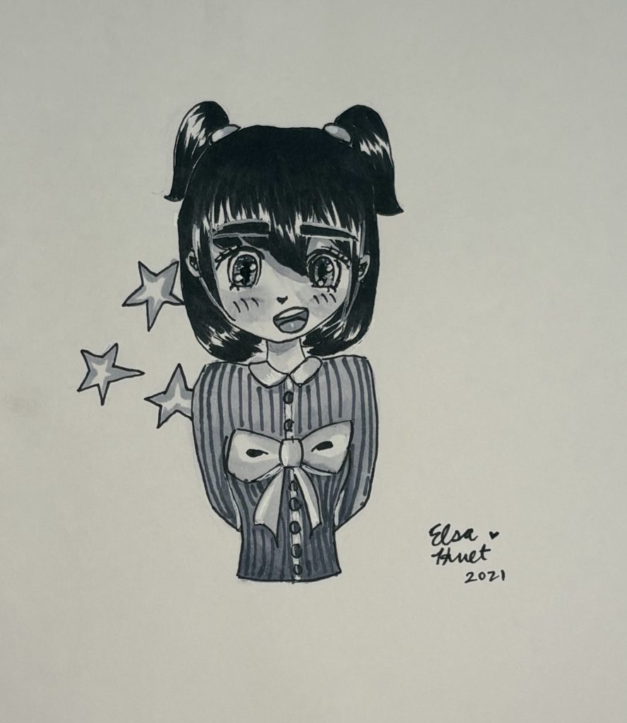 animated girl, sassy girl, elsa huet, pen and marker drawing