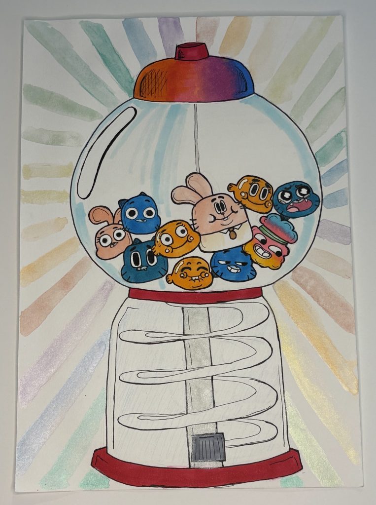 marker, water color, pen, animated characters, gumball machine, gumball, anime inspired