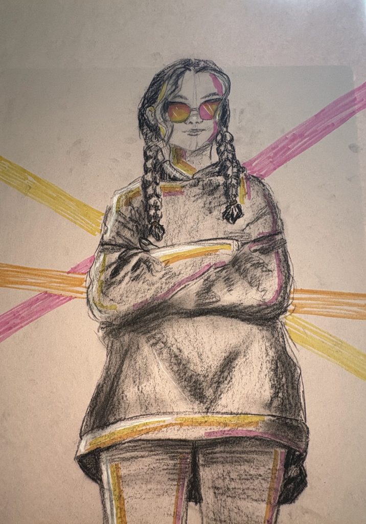 sunglass girl, pink orange and yellow rays, elsa huet, happy stance