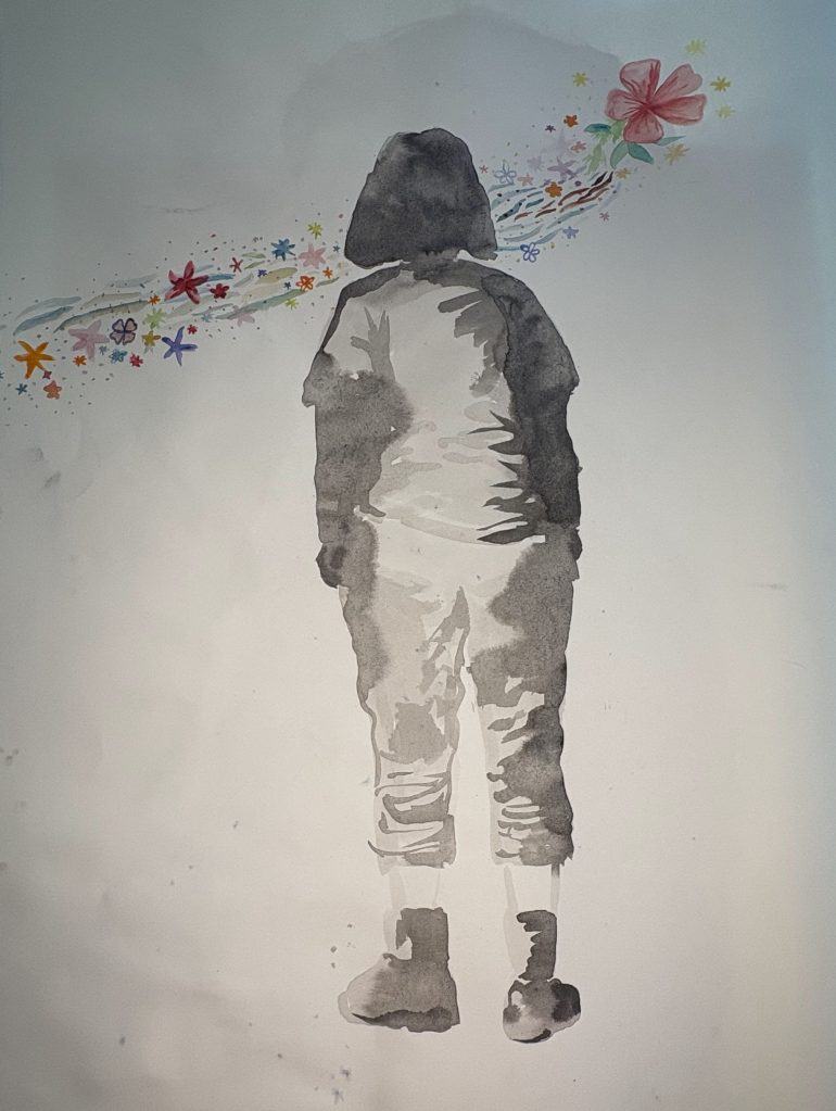 Watercolor, girl from behind, flowers, black and white