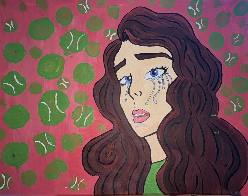 Pop Art, Hot pink with green tennis balls, Girl crying
