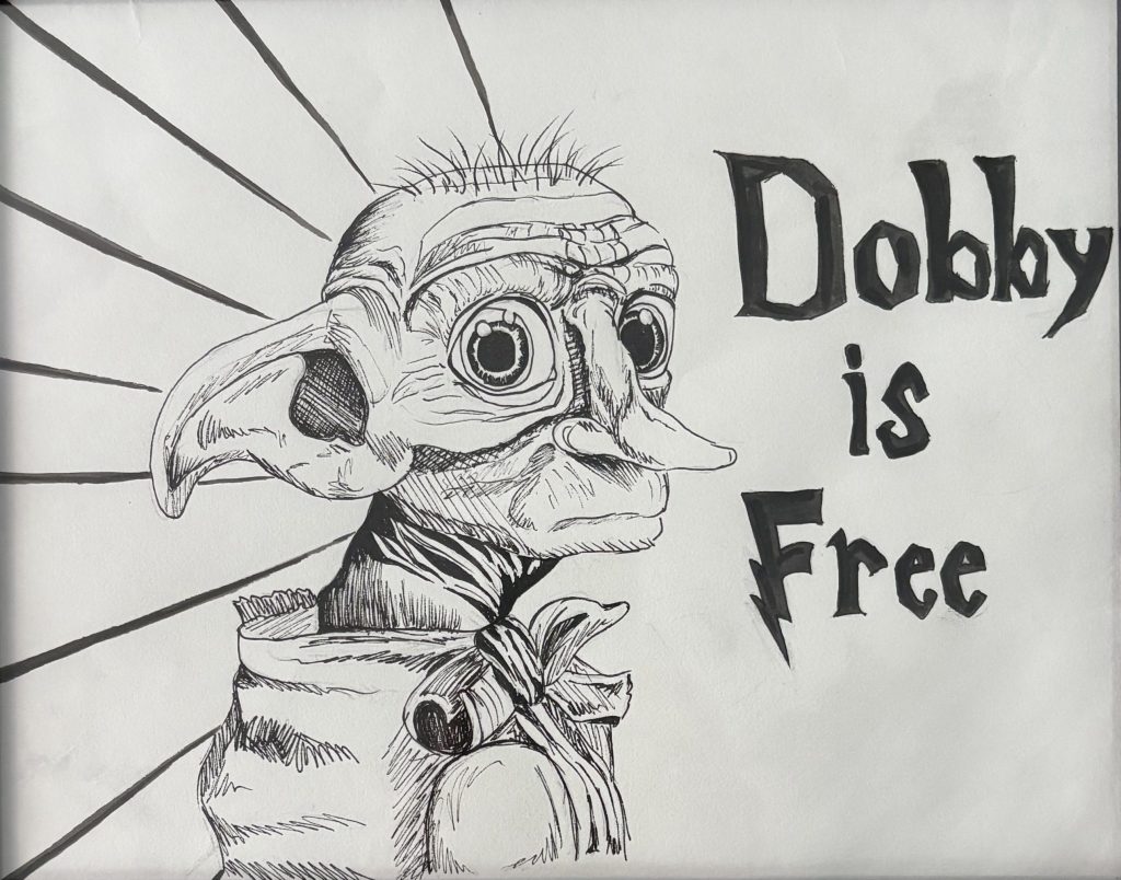 Dobby is free, harry potter, dobby the house elf, elsa huet, pen sketch