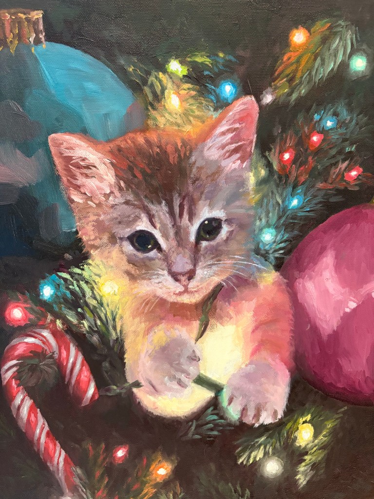 oil painting, Christmas kitten, kitten in tree, Christmas lights, candy cane, fun kitten, feisty, festive